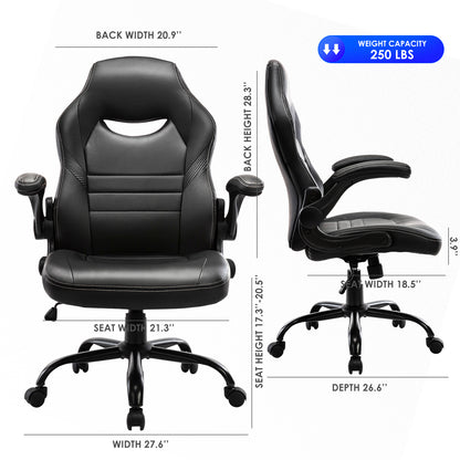 Flip-Up Arms Office Gaming Chair, Ergonomic Swivel Computer Racing Game Chair Adjustable Desk Task Chair (Black)