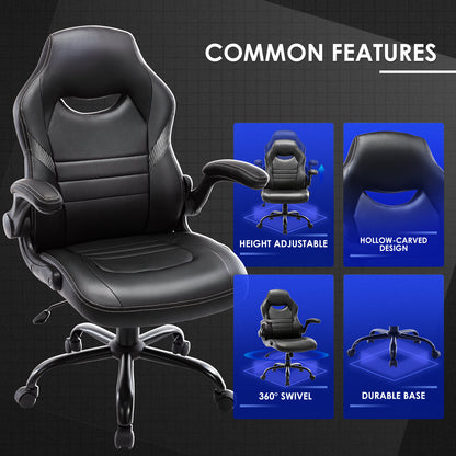 Flip-Up Arms Office Gaming Chair, Ergonomic Swivel Computer Racing Game Chair Adjustable Desk Task Chair (Black)