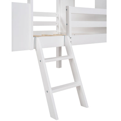 Twin Size Low Loft Wood House Bed with Two Side Windows, for Kids, Teens, Girls, Boys, (Normal Gray+Normal White)
