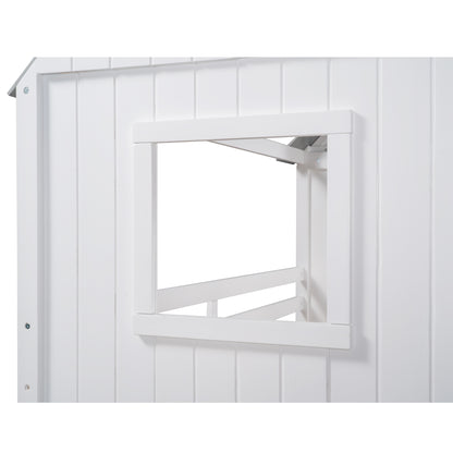 Twin Size Low Loft Wood House Bed with Two Side Windows, for Kids, Teens, Girls, Boys, (Normal Gray+Normal White)