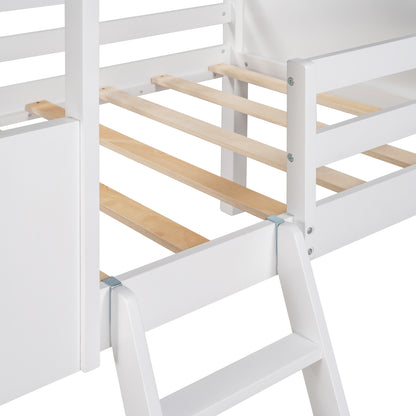 Twin Size Low Loft Wood House Bed with Two Side Windows, for Kids, Teens, Girls, Boys, (Normal Gray+Normal White)