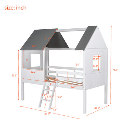 Twin Size Low Loft Wood House Bed with Two Side Windows, for Kids, Teens, Girls, Boys, (Normal Gray+Normal White)