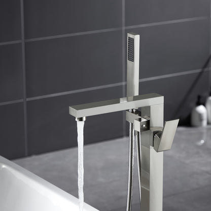 TrustMade Single Handle Floor Mounted Freestanding Tub Filler with Handshower, Brushed Nickel - S01