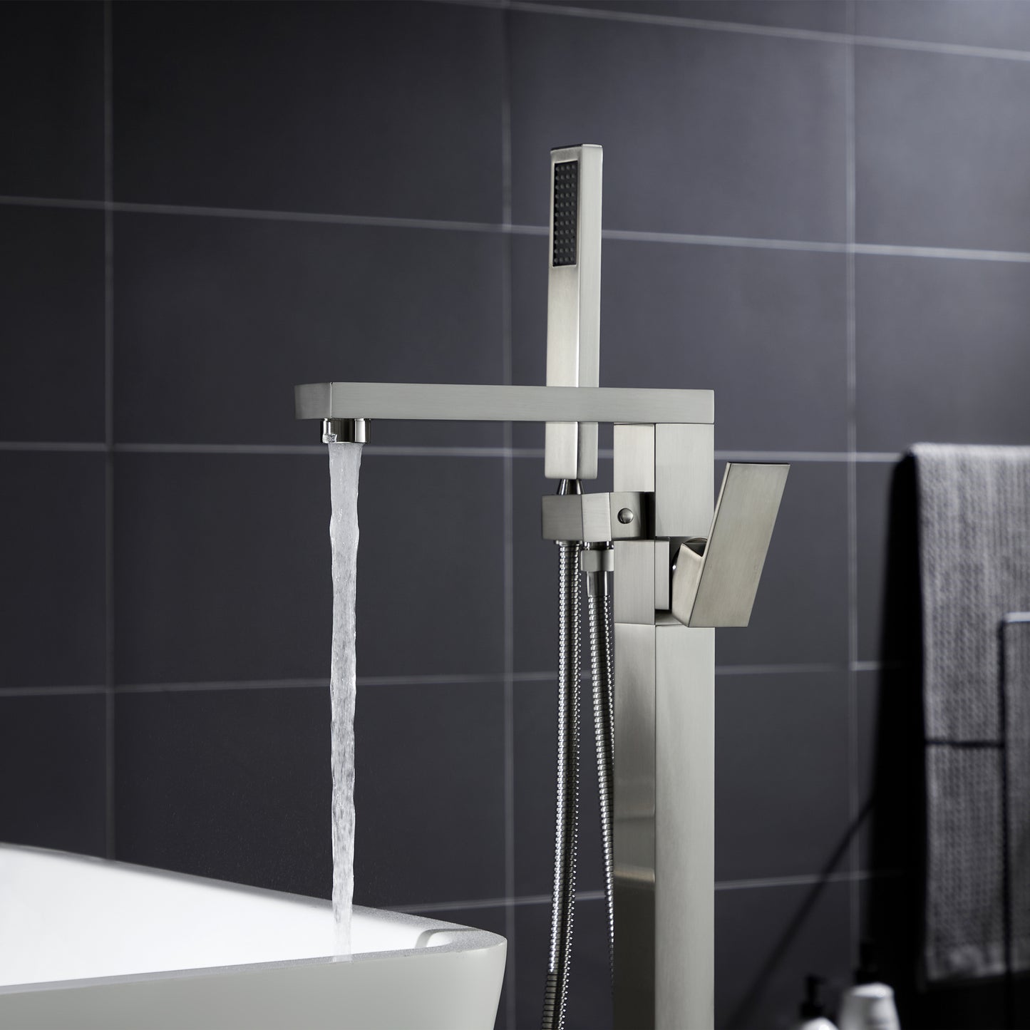 TrustMade Single Handle Floor Mounted Freestanding Tub Filler with Handshower, Brushed Nickel - S01