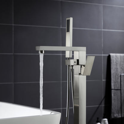 TrustMade Single Handle Floor Mounted Freestanding Tub Filler with Handshower, Brushed Nickel - S01