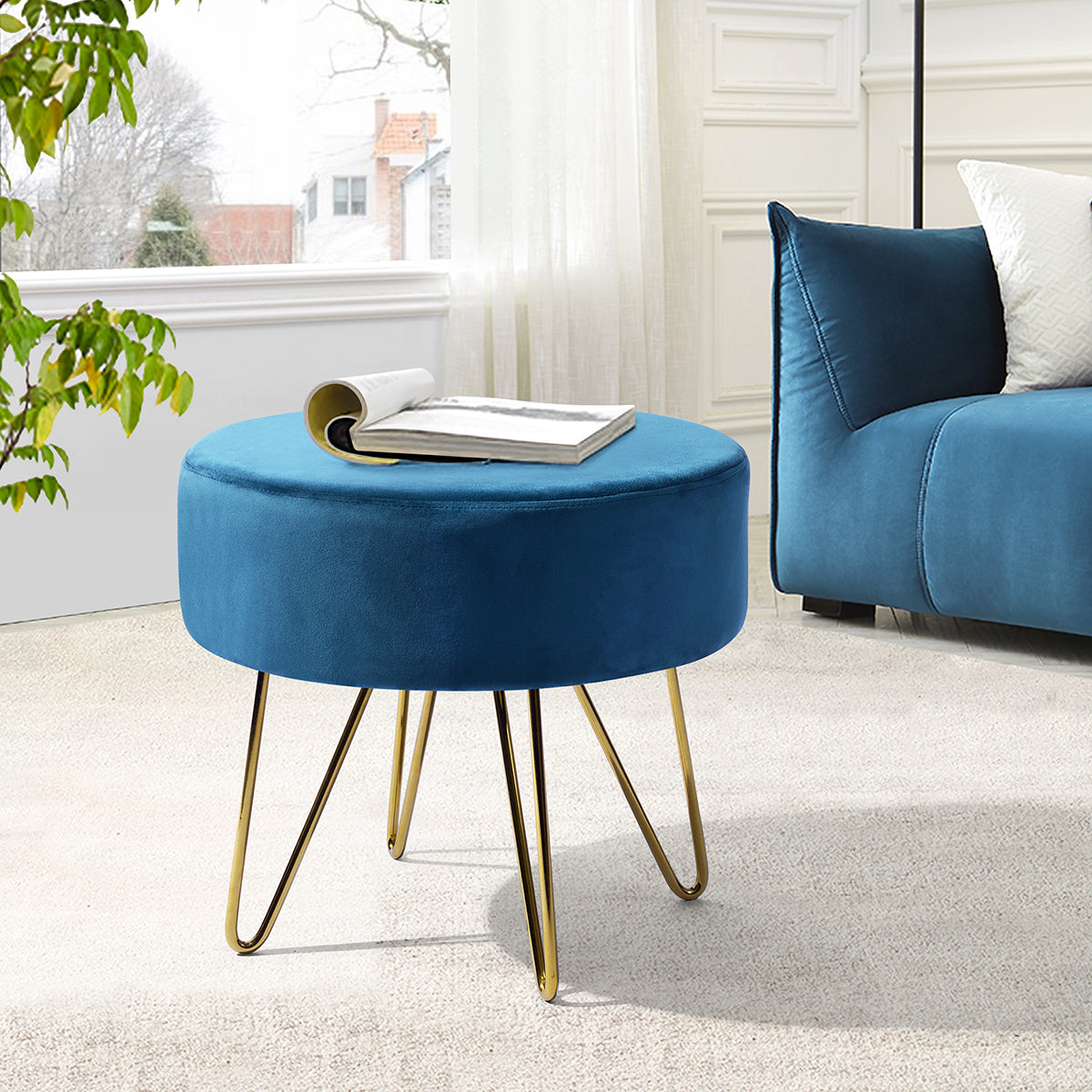 17.7& Teal and Gold Decorative Round Shaped Ottoman with Metal Legs