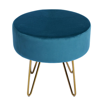 17.7& Teal and Gold Decorative Round Shaped Ottoman with Metal Legs