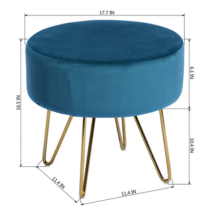 17.7& Teal and Gold Decorative Round Shaped Ottoman with Metal Legs