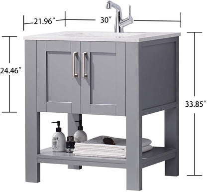 FR Gray Bathroom Vanity with Sink 30 Inch Bathroom Vanity Canbinet Modern Bathroom Sink Vanity with Marble Countertop and White Ceramic Sink