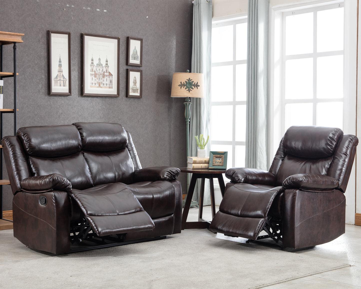 PU Leather Reclining Sofa Set, Classic Sectional Couch Furniture Lounge Chair, Loveseat and Three Seat for Home or Office (1+2-Seat)
