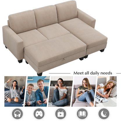 [New]81& Nailheaded Textured Fabric 3 pieces,Sofa,Square Ottoman,Rectangle Storage Ottoman,Warm Grey