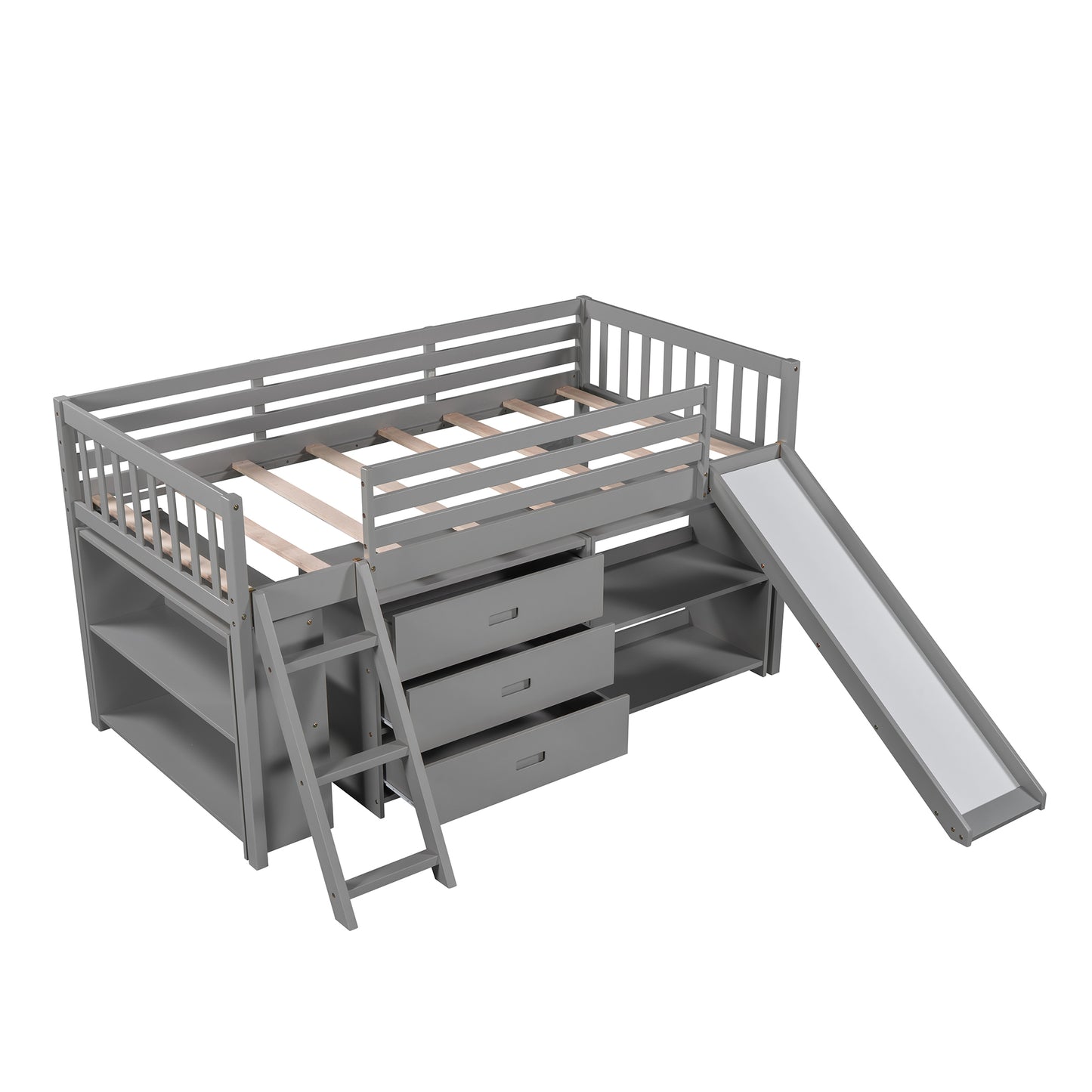 Solid Wood Low Loft Bed with Attached Bookcases and Separate 3-tier Drawers,Convertible Ladder and Slide,Twin,Gray（Expected arrival time 9.15）