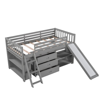Solid Wood Low Loft Bed with Attached Bookcases and Separate 3-tier Drawers,Convertible Ladder and Slide,Twin,Gray（Expected arrival time 9.15）