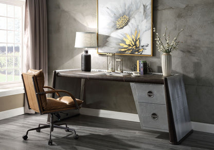 Brancaster Desk, Distress Chocolate Top Grain Leather & Aluminum 92855