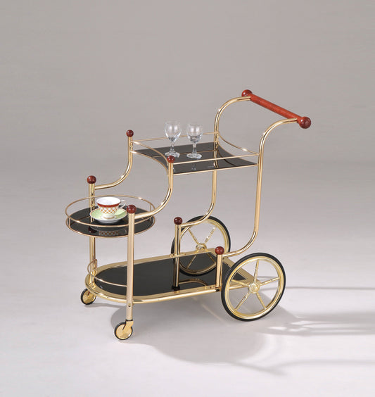 Lacy Serving Cart, Gold Plated, Cherry Wood & Black Glass 98006